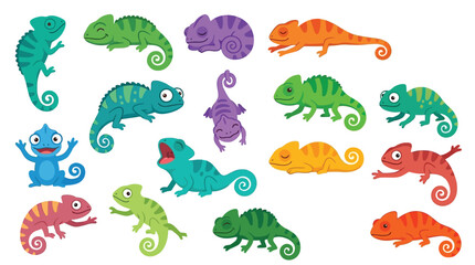 Collection of Colorful Cartoon Chameleons in Various Poses and Colors. © jaina