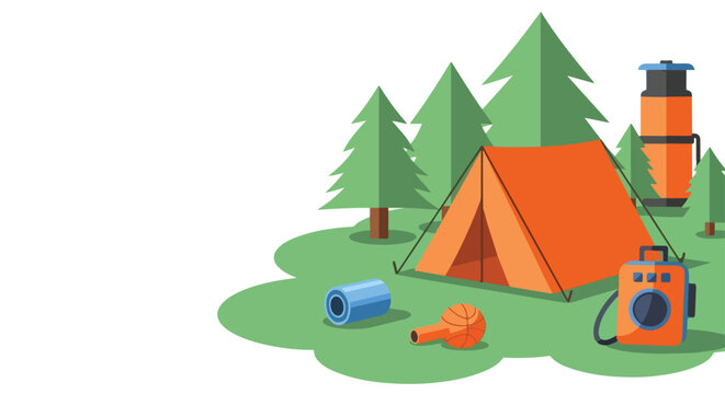 This flat vector illustration features a cozy campsite with an orange tent, pine trees, and essential outdoor gear on a patch of green grass.