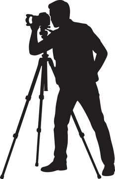 Photographer looking through camera on tripod side view silhouette vector