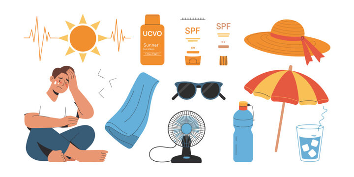 Heatwave safety vector icons with cooling fan, sunscreen lotion, hydration, and sun protection essentials for summer wellness