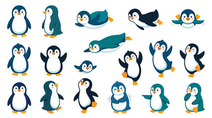 A collection of cute cartoon penguins in various poses and actions, illustrating different emotions and activities. © jaina