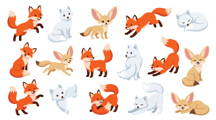 Collection of cute cartoon foxes in various poses and species, including red foxes, arctic foxes, and fennec foxes. © jaina