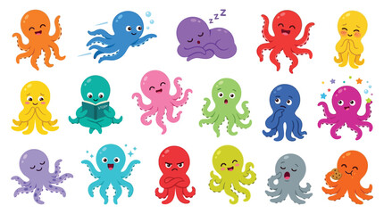 Collection of cute cartoon octopuses showing various emotions and activities. © jaina