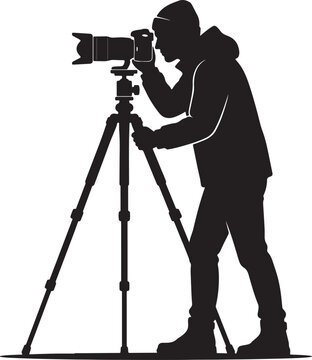 Photographer looking through camera on tripod side view silhouette vector