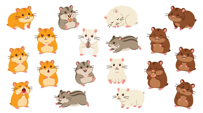 Collection of cute cartoon hamsters in various poses and expressions, isolated on a white background.