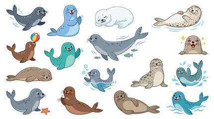 Collection of cute cartoon seals and sea lions in various poses and activities, isolated on white background. © jaina