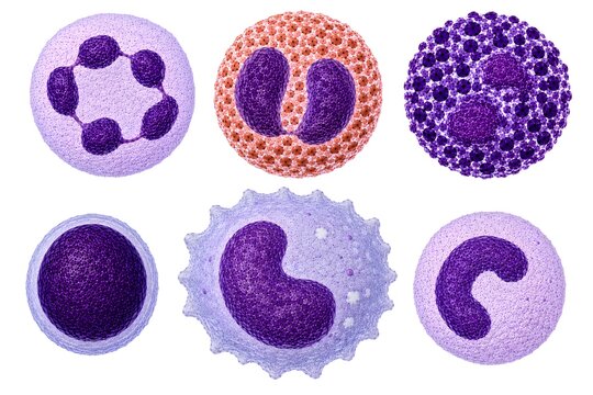 Human white blood cells (leukocytes) isolated on a clean white background, including segment neutrophil, eosinophil, basophil, lymphocyte, monocyte, and band Neutrophil.