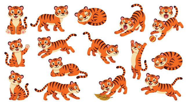 Collection of cute cartoon tigers in various playful poses, isolated on a white background.