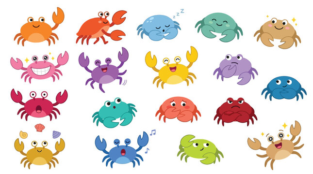 A vibrant collection of cute cartoon crabs with various expressions and colors, perfect for children's designs.