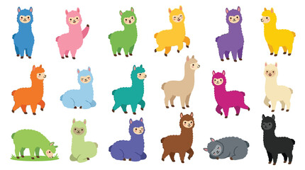 Fototapeta premium A vibrant collection of cartoon alpacas in various colors and poses, showcasing a playful and friendly atmosphere.