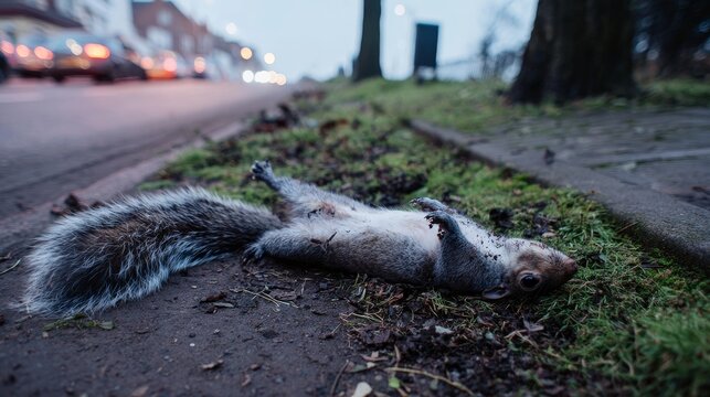 Dead squirrel beside road after car collision showing wildlife accident, roadside mortality, urban traffic danger, animal death, environmental impact and transportation hazard concept