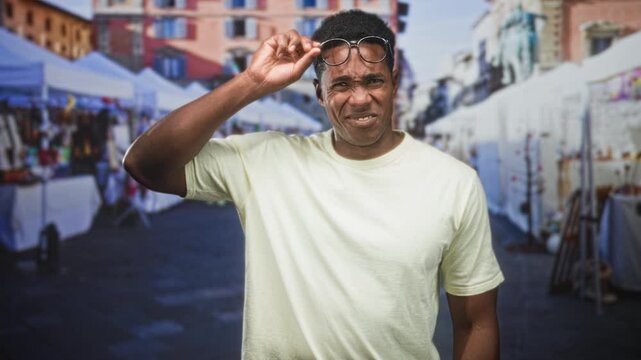 Man adjusts glasses with his hand while squinting in a street market lined with vendor tents and stalls; confusion.
