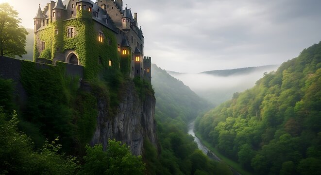 A medieval castle, draped in ivy, perched on a cliff overlooking a verdant valley