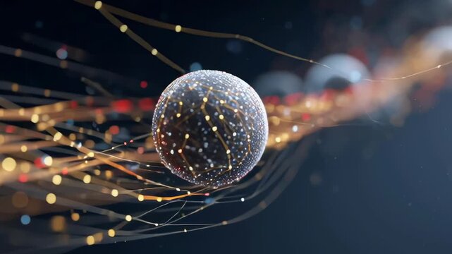 Abstract spheres pulse with light and energy. Connections glow like neural pathways or data streams. Background bokeh adds depth and mystery. Ideal for science, tech, or futuristic concepts