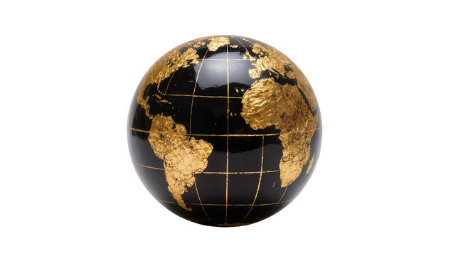 Black and gold globe with continents and latitude lines