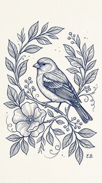 bird on branch with flowers and leaves