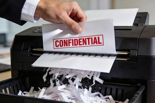 Office worker hand putting a confidential document into a paper shredder machine