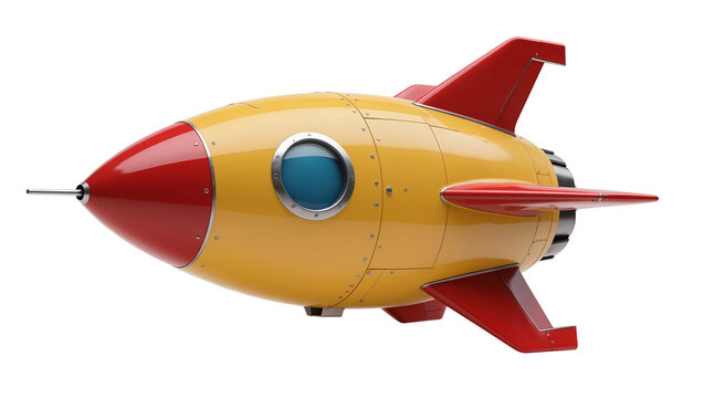 Retro yellow and red rocket ship with round window