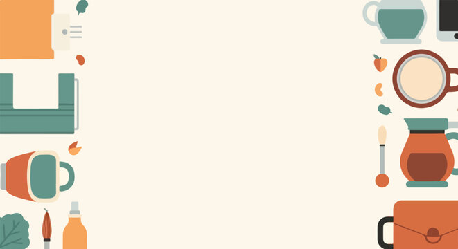 Minimalist vector background featuring office supplies, coffee mugs, and snacks arranged along the borders on a light beige surface.