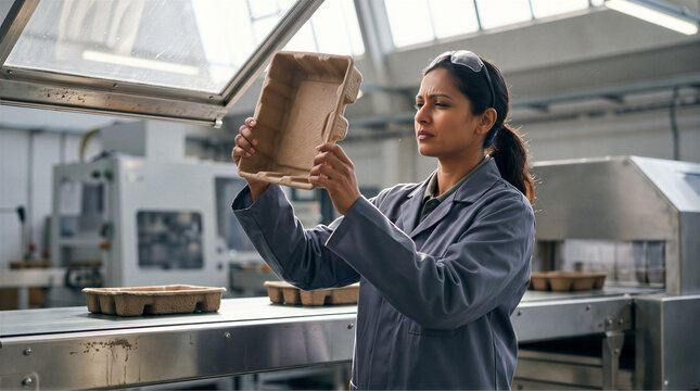 Female materials engineer inspecting biodegradable molded pulp packaging on a sustainable manufacturing production line.