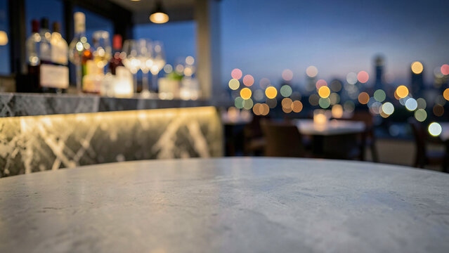 Honed Grey Concrete Table Surface on Sophisticated Open Air Rooftop Bar with Backlit Onyx Counter Lu