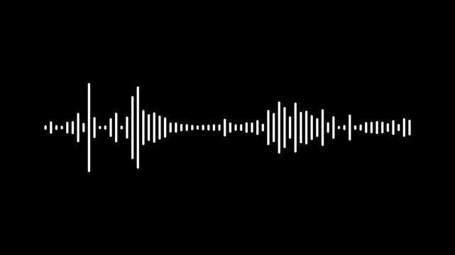 White waveform visualizer animation, audio frequency spectrum bars, digital equalizer graph motion, voice recording signal wave, black screen isolated background, seamless loop, ultra hd 4k.