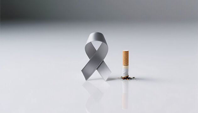 Silver awareness ribbon next to cigarette on reflective surface  