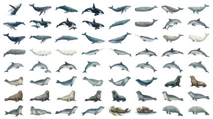 Collection of various marine mammals including whales, dolphins, and seals, depicted in watercolor style. © Eza