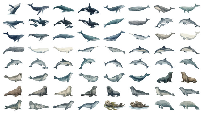 Collection of various marine mammals including whales, dolphins, and seals, depicted in watercolor style.