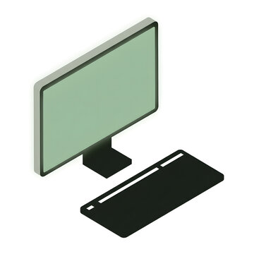 Simple isometric computer monitor and thin keyboard on plain background.