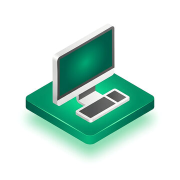 Isometric desktop computer with monitor and keyboard on green background.