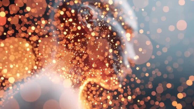 Abstract human form emerges from glowing particles. Warm light pulses as digital essence forms around the head. Soft bokeh background highlights the transformation process