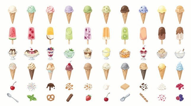 A large collection of various ice cream flavors and desserts in cones and cups, perfect for summer.