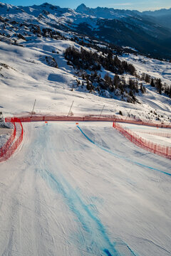 Part of the men's racecourse of the 2027 Alpine World Ski Championchips in Crans-Montana, Switzerland against blue sky in the morning