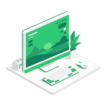 Modern green workstation with monitor keyboard and potted plant icon.