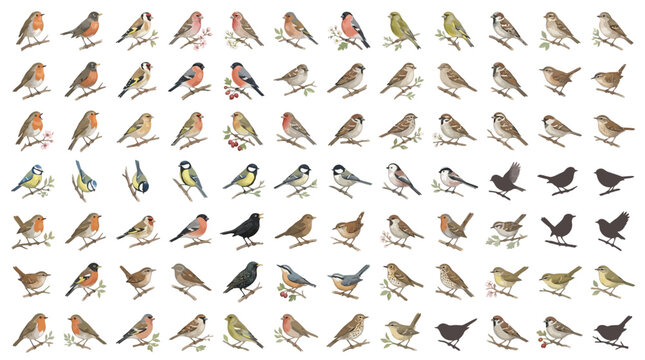 A large collection of various small birds, meticulously illustrated and arranged in rows.