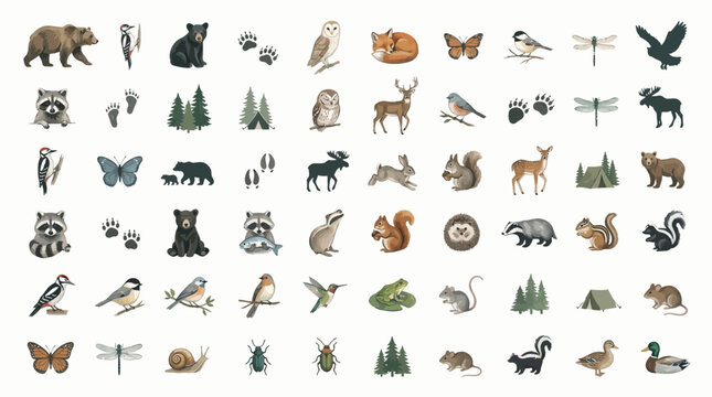 Collection of watercolor illustrations of forest animals, plants, and nature elements.
