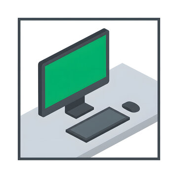Minimalist isometric computer setup on grey desk with green display.