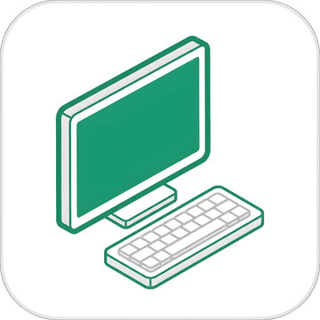 Isometric personal computer with monitor and keyboard green screen display.