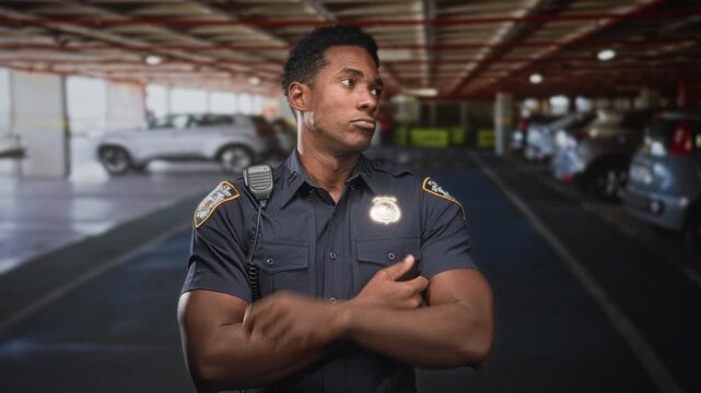 Man police officer touches chin with visible badge and radio, arms crossed in a covered parking building with parked cars; thoughtful duty.