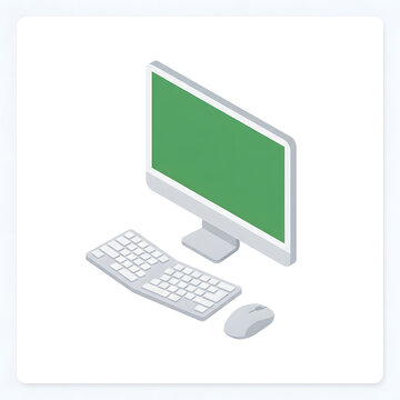 Isometric modern computer setup with monitor keyboard and mouse green screen.