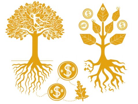 Illustration of two golden trees with roots, growth, and financial symbols