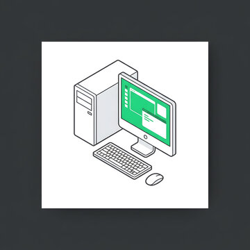 Isometric computer setup with monitor keyboard and mouse.