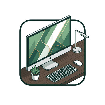 Modern desktop computer desk setup with plant lamp.