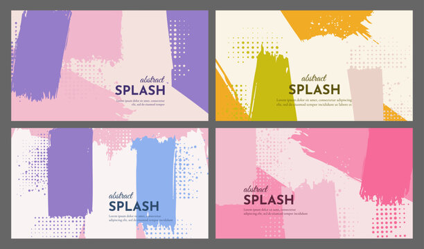 Vector illustration. Abstract contemporary aesthetic horizontal backgrounds set. Design elements for web banner, presentation, wallpaper. Brush stroke bold style with halftone dots and splatter