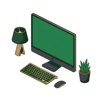 Computer desk setup with green accents and plant.