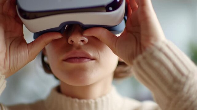 Person wears virtual reality headset gently. Hands hold device with care and focus. Soft light highlights calm concentration. Ideal for tech, gaming, or immersive experience visuals