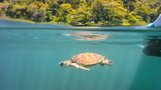 paddleboard floating near tropical shoreline split view above and below water while sea turtle glides beneath, showing coastal ecosystem connection, eco tourism activity and marine wildlife presence