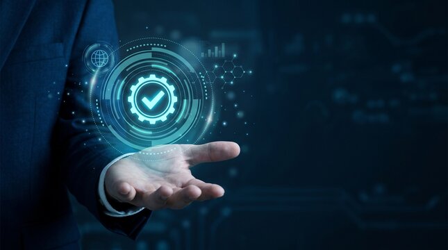 Businessman hand touching futuristic digital security checkmark with analytics network interface