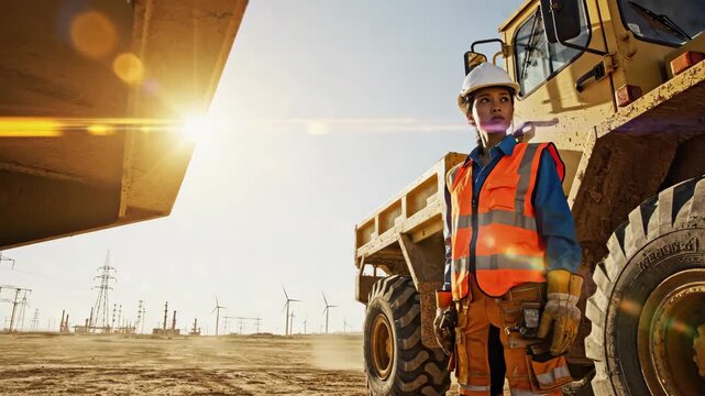hispanic female engineer wearing helmet and safety vest standing near heavy machinery at construction site. industrial worker portrait, mining and renewable energy concept.